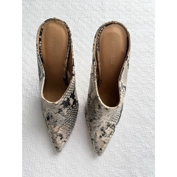 Express Snake Print Pointed Toe Stiletto Mule Heels Slip On Beige Black Size 7 - Picture 3 of 7